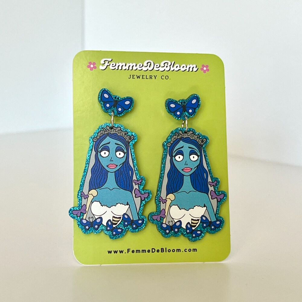 NWT FemmeDeBloom Emily Corpse Bride Dangle Drop 2" Acrylic Statement Earrings